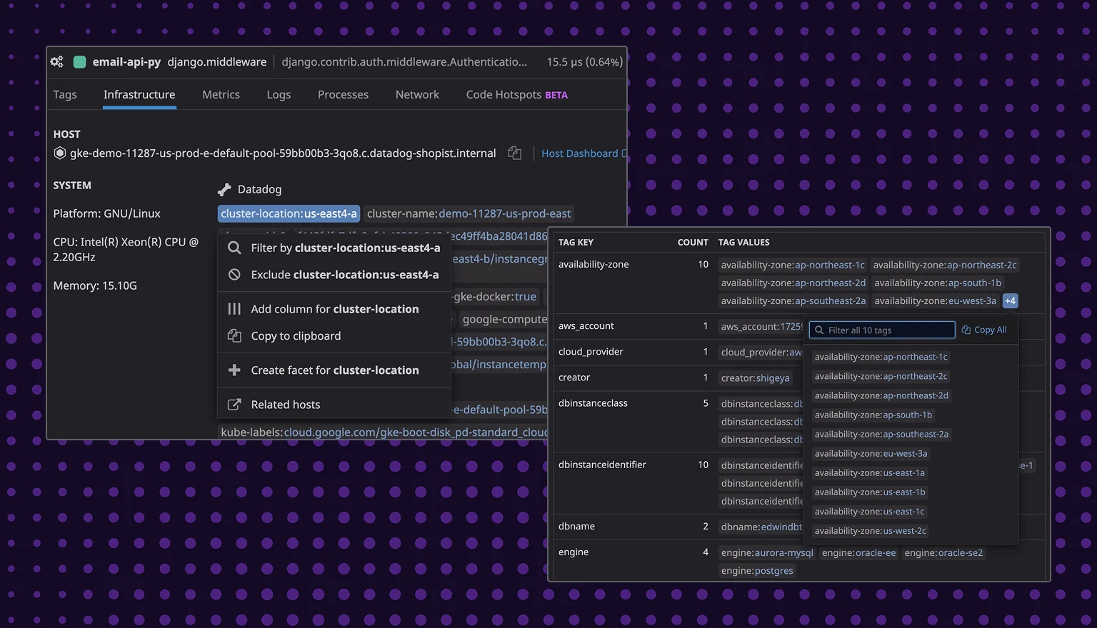 Datadog infrastructure panel with tag filtering menus