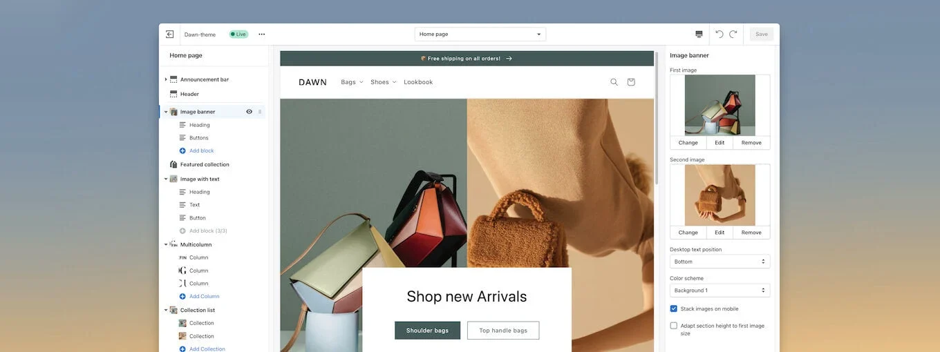 Shopify theme editor customising a storefront home page