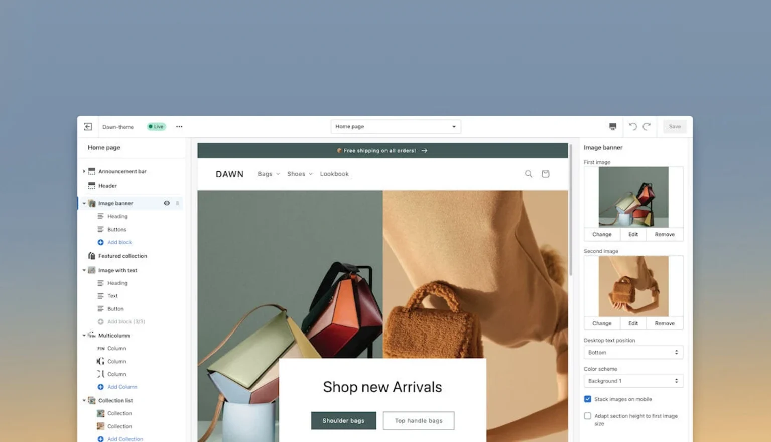 Shopify theme editor customising a storefront home page
