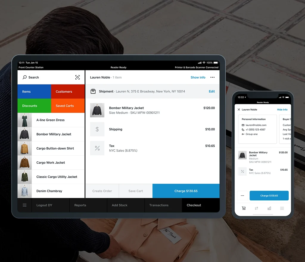 Square point-of-sale checkout on a tablet and phone